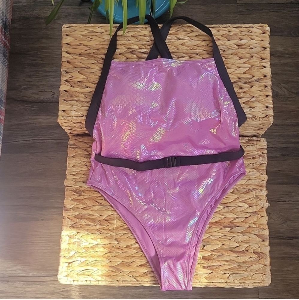 SHEIN Metallic Irridescent Pink and Black Swimsuit